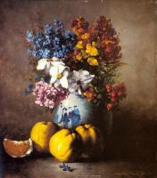 Germain Theodure Clement Ribot - A Still Life With A Vase Of Flowers And Fruit